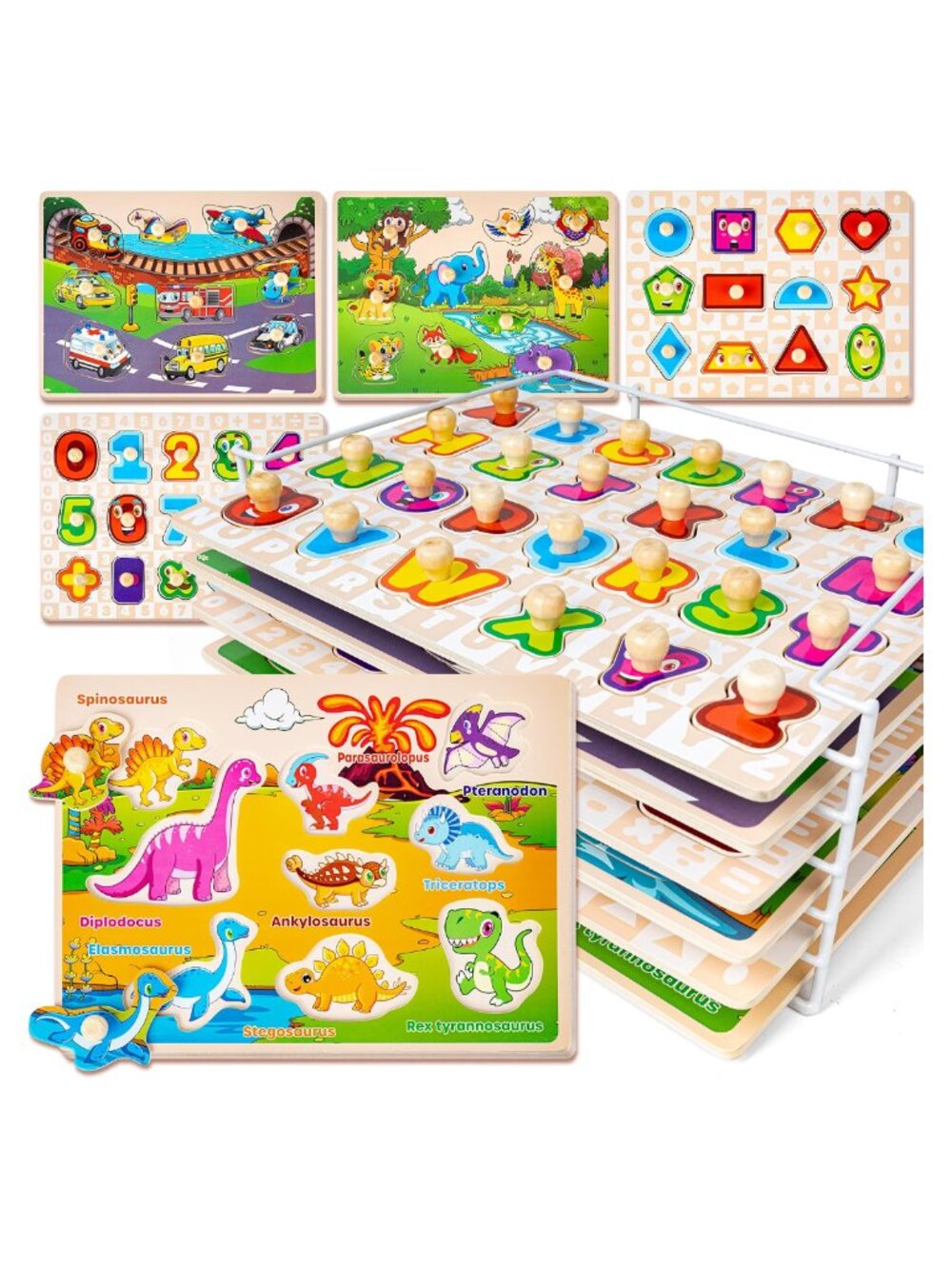 Wooden Toddler Puzzles Set of 6 with Rack Educational Alphabet Number Animal